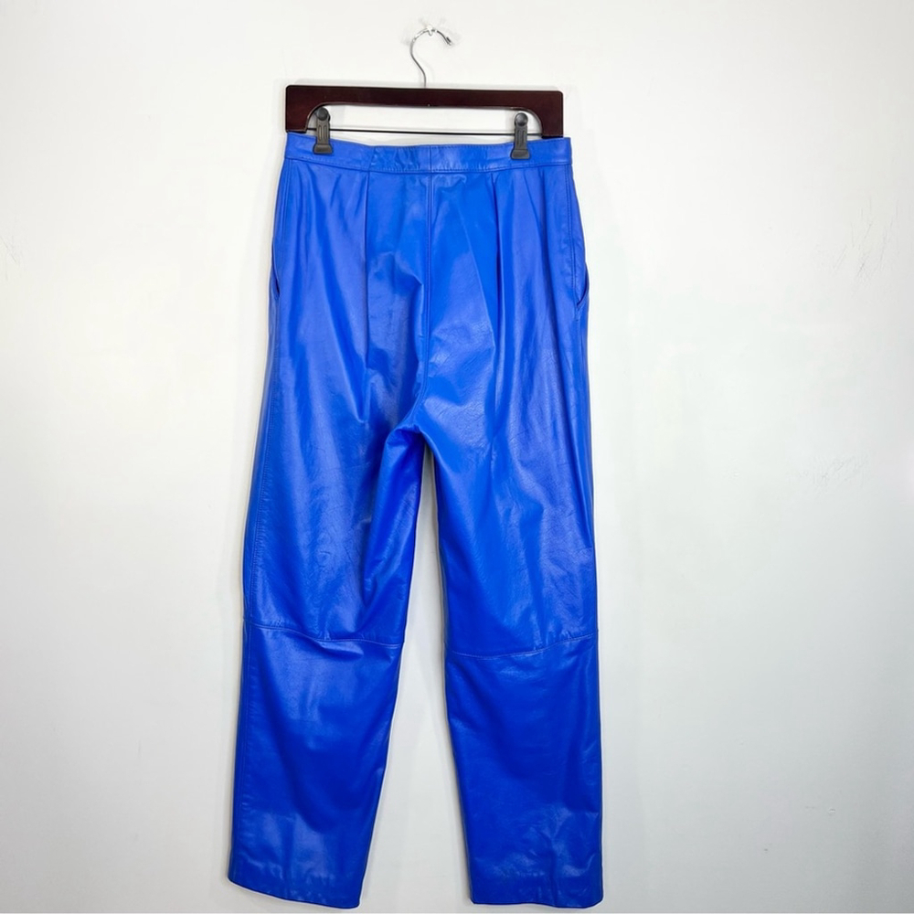 Vintage 80s genuine leather blue padded shoulder batwing bomber pant suit set 14 - Picture 8 of 17